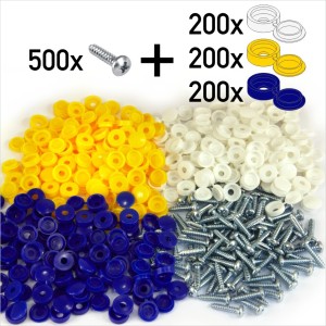 1100x Number plate Car Fixing Fitting KIT Zinc Screws and White Yellow Blue Caps