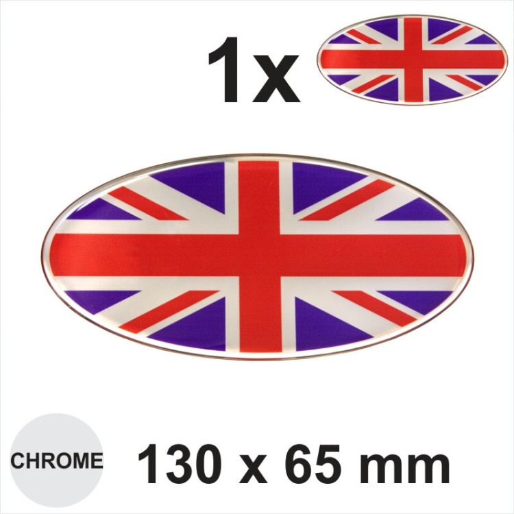 130x65 mm Oval UNION JACK FLAG Sticker Decal Gloss Domed Chrome GB UK Car Badge