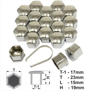 17mm Chrome Silver Alloy Wheel Nut Bolt Covers Caps Metal Removal Tool Set of 20