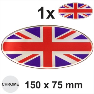 150x75 mm Oval UNION JACK FLAG Sticker Decal Gloss Domed Chrome GB UK Car Badge