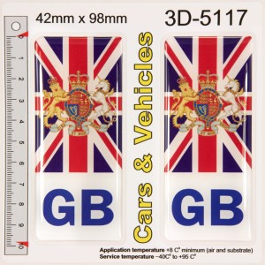 2x 42 x 98 mm GB Union Jack Flag United Kingdom Coat of Arms Number Plate Decal Badge Domed