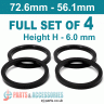 Spigot Rings / 72.6mm - 56.1mm / 6mm FULL SET OF (4) FOUR RINGS - Spigot Rings / 72.6mm - 56.1mm / 6mm FULL SET OF (4) FOUR RINGS