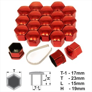 17mm Red Chrome Alloy Wheel Nut Bolt Covers Caps Metal Removal Tool Set of 20