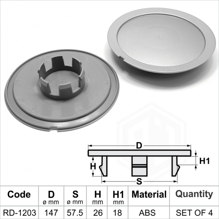 Single Silver Hub Cap – 147mm Diameter, Alloy Wheel Cover, 57mm Center, Part 1203