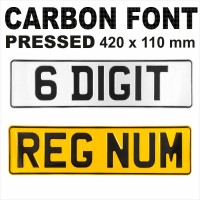 CARBON FONT 6 Digit Short 420x110 Pressed number plates metal embossed car van UK 100% Road Legal