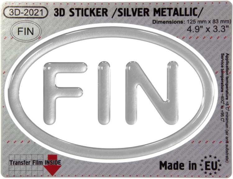 FIN Finland OVAL GEL DOME CAR STICKER Silver metallic Resin Decal 3d Domed Badge