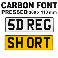 CARBON FONT 5 Digit Short 360x110 Pressed number plates metal ALU embossed car UK 100% Road Legal