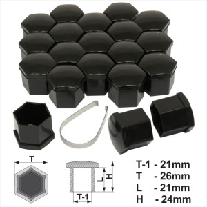21mm Black Alloy Wheel Nut Bolt Covers Caps Metal Removal Tool Any Car Set of 20