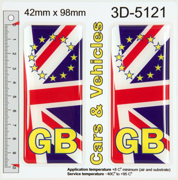 2x 42 x 98 mm GB Union Jack Flag EU ES euro Number Plate Side Stickers Decals Badges Domed