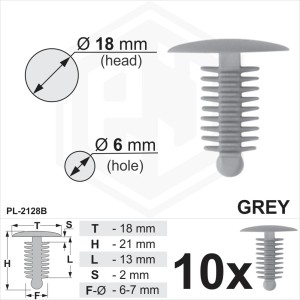 Grey Plastic Fir Tree Trim Clips 6mm Hole, 18mm Head Car Retainer Fastener