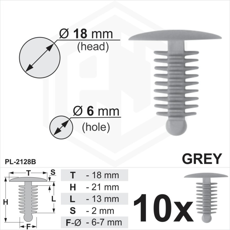 Grey Plastic Fir Tree Trim Clips 6mm Hole, 18mm Head Car Retainer Fastener