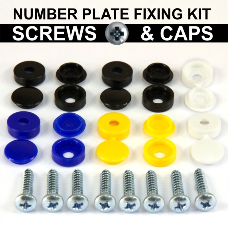 Number plate Car Fixing Fitting KIT Screws and White Yellow Blue Black Caps 18pc