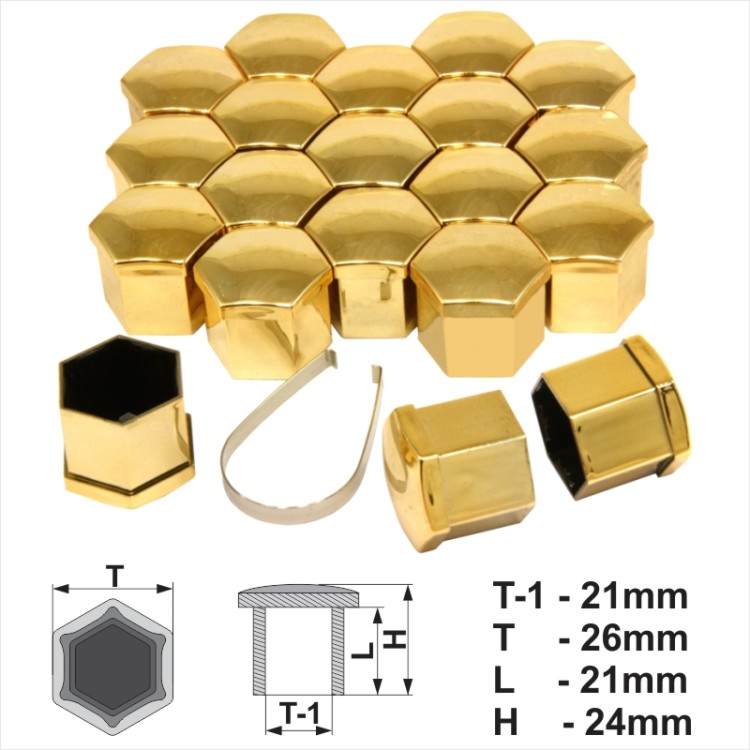21mm Gold Chrome Alloy Wheel Nut Bolt Covers Caps Metal Removal Tool Set of 20