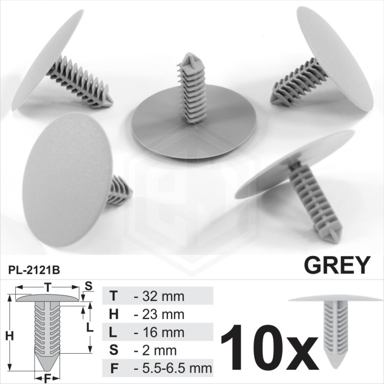 Grey Plastic Fir Tree Trim Clips 6mm Hole, 32mm Head Car Van Push In Button