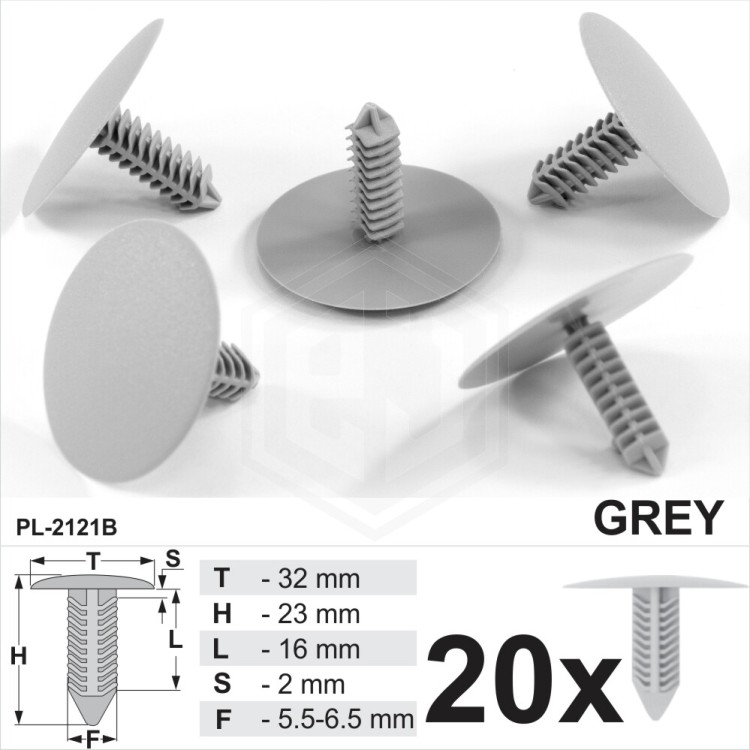 Grey Plastic Fir Tree Trim Clips 6mm Hole, 32mm Head Car Van Push In Button