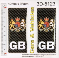 2x 42 x 98 mm GB CARBON UK Coat of Arms Number Plate Gel Side Stickers Decal Badges Domed