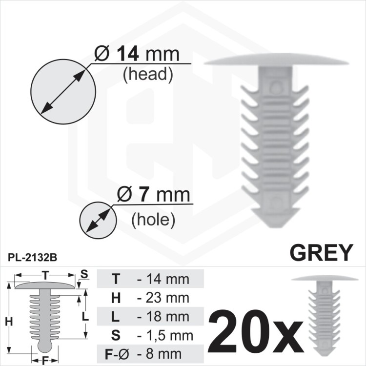 Grey Plastic Fir Tree Trim Clips 7mm Hole, 14mm Head Car Plugs Universal