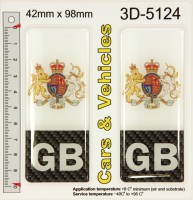 2x 42 x 98 mm GB CARBON UK Coat of Arms Number Plate Gel Side Stickers Decals Badge Domed