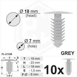 Grey Plastic Fir Tree Trim Clips 7mm Hole, 18mm Head Car Van Push In Spruce