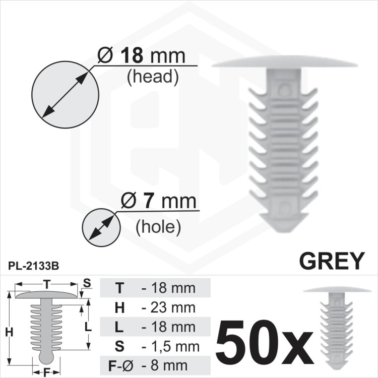 Grey Plastic Fir Tree Trim Clips 7mm Hole, 18mm Head Car Van Push In Spruce