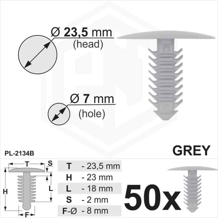 Grey Plastic Fir Tree Trim Clips 7mm Hole, 23.5mm Head Car Push In Button