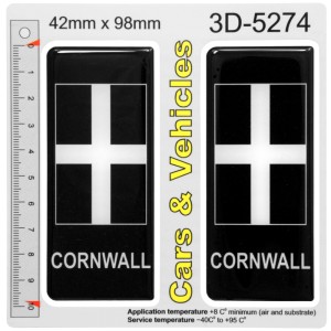 2x 42mm x 98mm CORNWALL Cornish Flag Car Van Number Plate 3D Stickers Gel Domed Badges