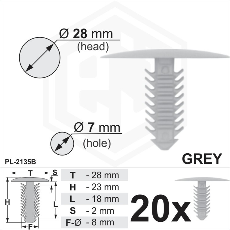 Grey Plastic Fir Tree Trim Clips 7mm Hole, 28mm Head Car Van Spruce Button