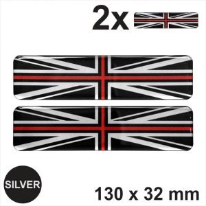2x 130mm Black Silver Red Union Jack Flag Domed Gel Finish Stickers Decals 3d UK
