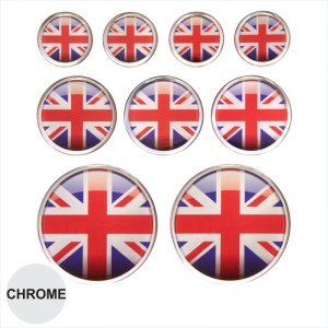 Set of 9 UNION JACK FLAG Round Stickers Decal Gloss Domed Chrome UK 35 50 75 mm