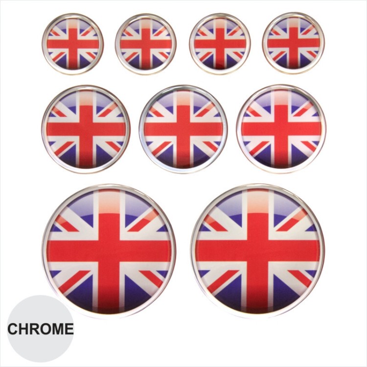 Set of 9 UNION JACK FLAG Round Stickers Decal Gloss Domed Chrome UK 35 50 75 mm