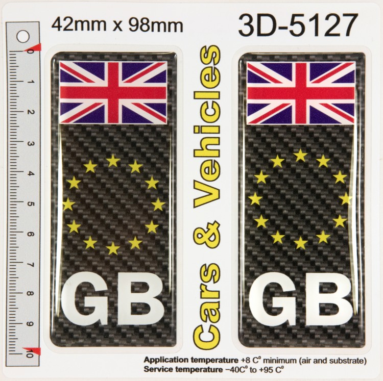 2x 42 x 98 mm GB CARBON Black Union Jack Flag EU Number Plate Stickers Decals Badges Domed