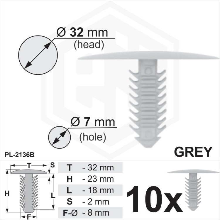 Grey Plastic Fir Tree Trim Clips 7mm Hole, 32mm Head Car Van Spruce Button