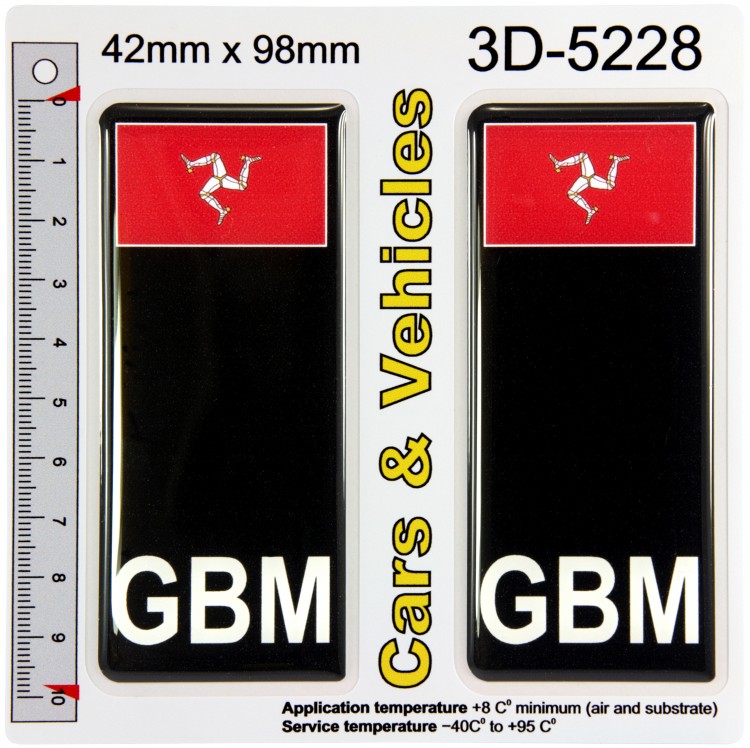 2x 42 x 98 mm GBM Isle of Man Flag Black Domed Resin Car Number Plate Stickers Badges Decal
