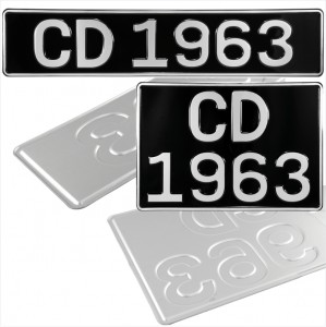 OLD FONT OBLONG and SQUARE Black and Silver Vintage Pressed Number Plates & Classic Car Registration Plates