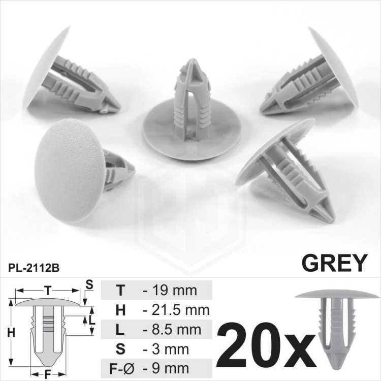 Grey Plastic Fir Tree Trim Clips 8mm Hole 19mm Head Car Van Push In Button