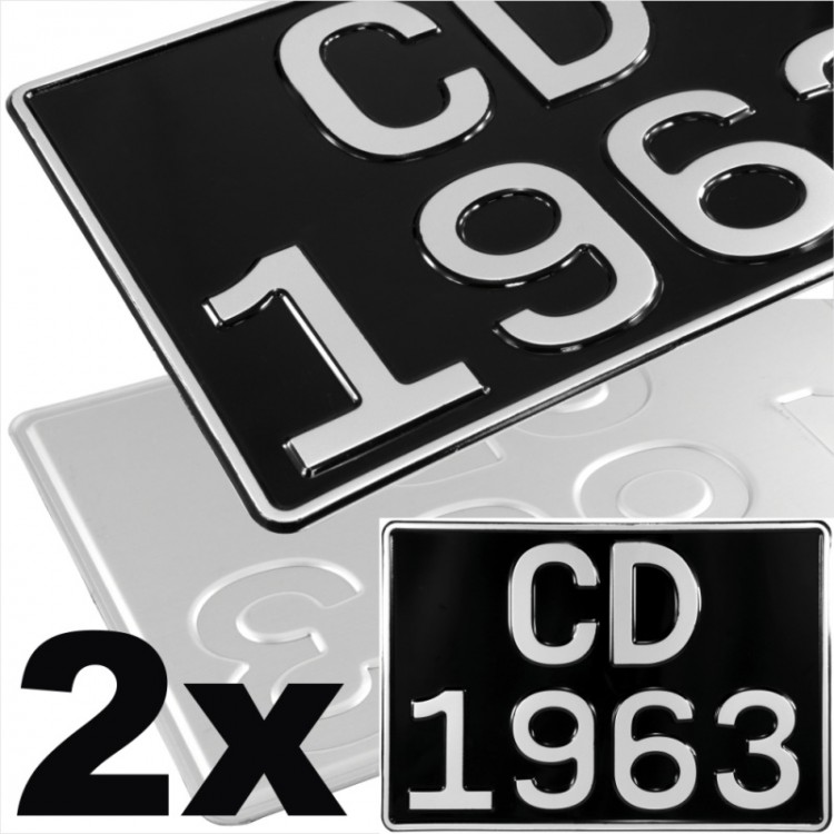 OLD FONT 2x SQUARE Black and Silver Vintage Pressed Number Plates & Classic Car Registration Plates