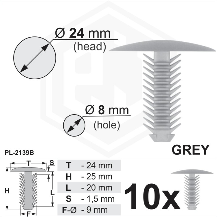 Grey Plastic Fir Tree Trim Clips 8mm Hole, 24mm Head Car Fasteners lining