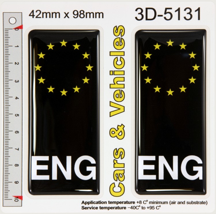 2x 42 x 98 mm ENG England Number Plate Black Sticker Decal Badge Euro ES Stars 3D Gel Resin