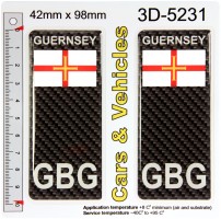 2x 42 x 98 mm GBG GUERNSEY Flag Carbon Gel Domed Resin Number Plate Stickers Badges Decals
