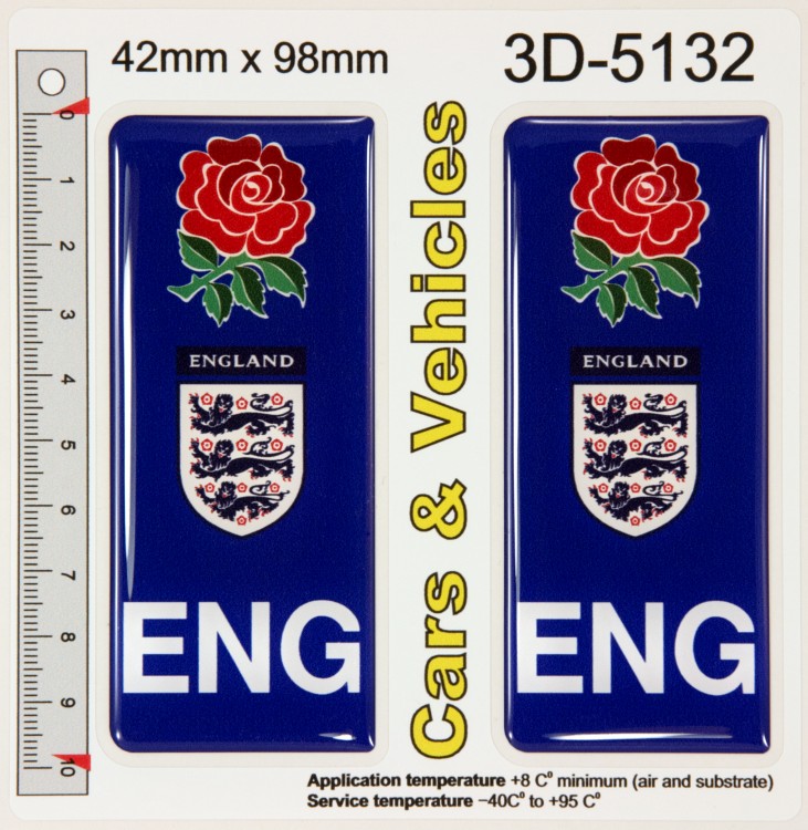 2x 42 x 98 mm ENG England Three Lions Blue Number Plate Stickers Decals Badges 3D Domed