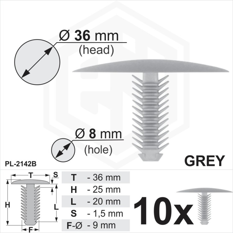 Grey Plastic Fir Tree Trim Clips 8mm Hole, 36mm Head Car Van Buttons Fixings