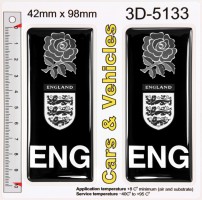 2x 42 x 98 mm ENG England Three Lions Black Number Plate Stickers Decals Badges 3D Domed