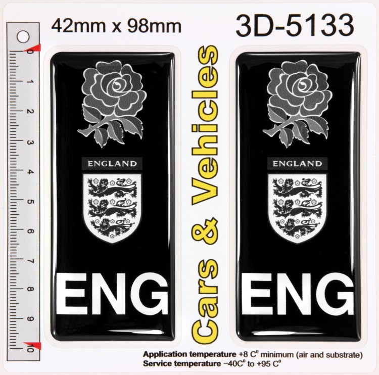2x 42 x 98 mm ENG England Three Lions Black Number Plate Stickers Decals Badges 3D Domed