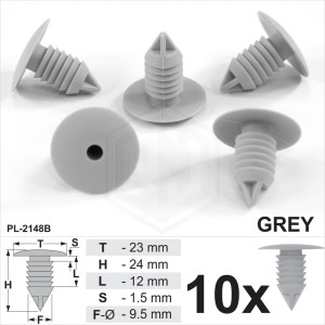 Grey Plastic Fir Tree Trim Clips 9mm Hole 23mm Head Fastener Push Button