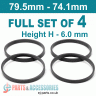 Spigot Rings / 79.5mm - 74.1mm / 6mm FULL SET OF (4) FOUR RINGS - Spigot Rings / 79.5mm - 74.1mm / 6mm FULL SET OF (4) FOUR RINGS