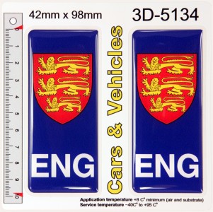 2x 42 x 98 mm ENG England Three Lions Blue Number Plate Stickers Decals Badges 3D Domed