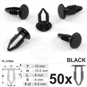 50 x Black Plastic Fir Tree Trim Clips 5mm Hole, 10mm Head Car Push In, Spruce