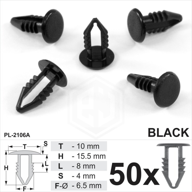 50 x Black Plastic Fir Tree Trim Clips 5mm Hole, 10mm Head Car Push In, Spruce
