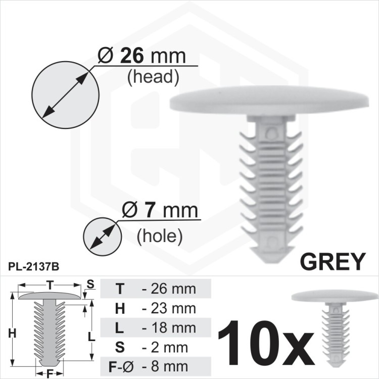 Grey Plastic Fir Tree Trim fixings Clips 7mm Hole, 26mm Head Car Van Button