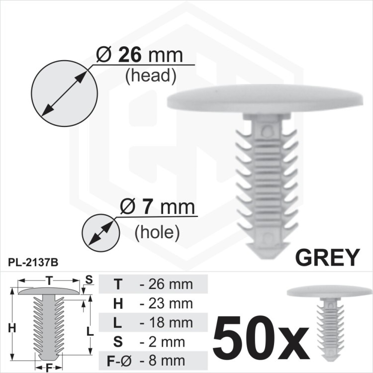 Grey Plastic Fir Tree Trim fixings Clips 7mm Hole, 26mm Head Car Van Button